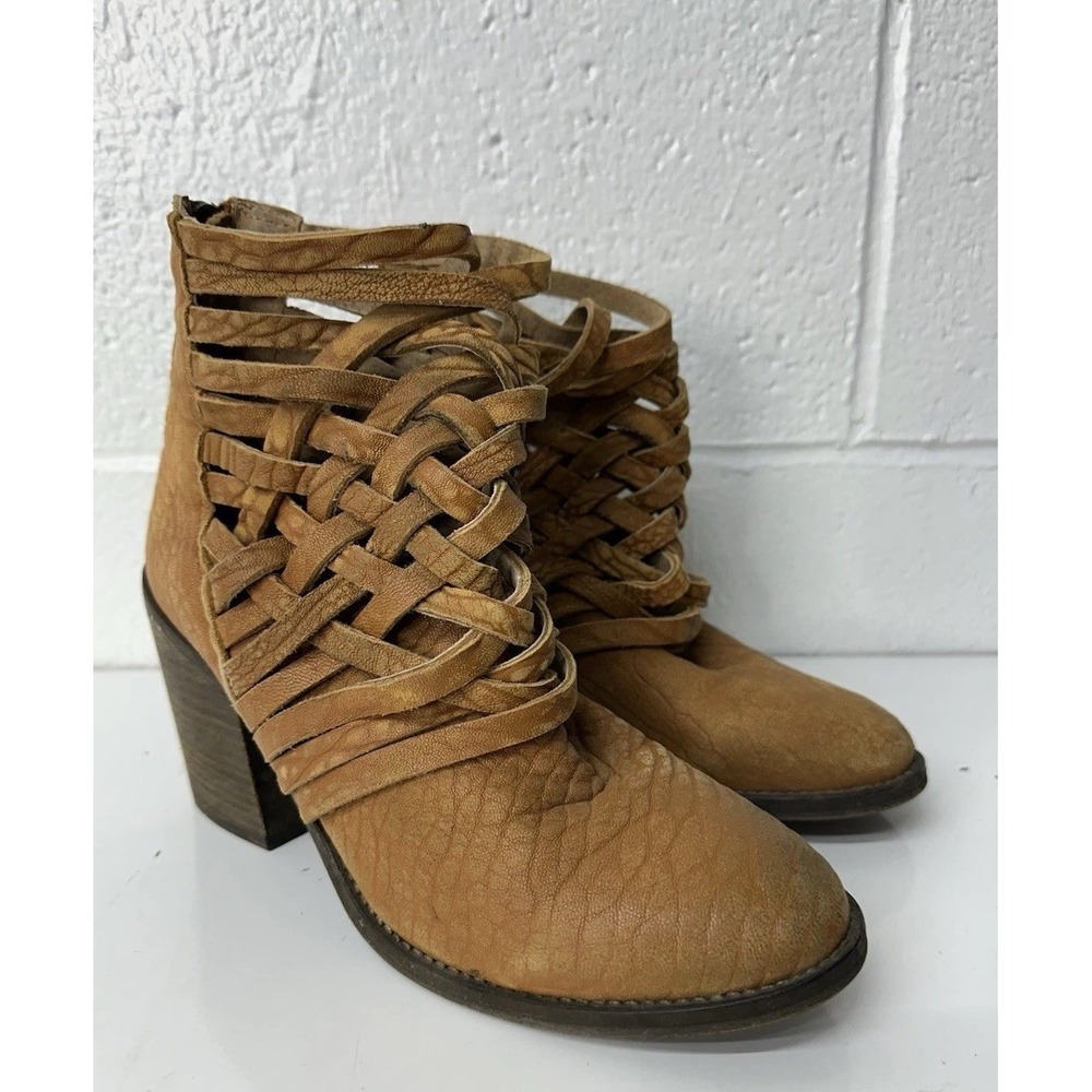 Free People Women's Carrera Leather Tan Strappy Zip‎ Ankle Boots EU 38 US 7.5